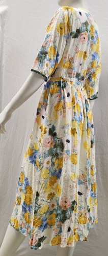 WATERCOLOUR sz M L 12 14 Pastel Floral MAXI DRESS Waist Cinch Tie V-neck #C5 - Picture 5 of 11