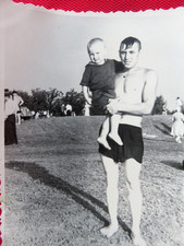 Retro photo USSR beach fashion: a guy in underwear, naked torso