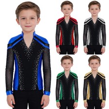 US Kids Shiny T-Shirt Long Sleeve Ballroom Party Shirt Top Competition Dancewear
