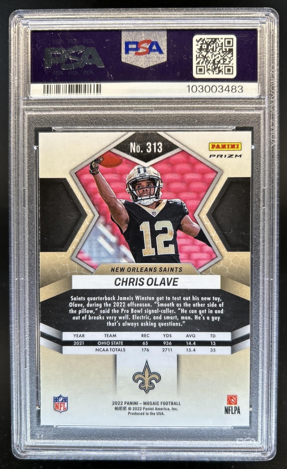 2022 Panini Mosaic Chris Olave RC Mosaic Genesis Rookie #313 Saints PSA 10 view 2