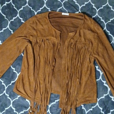 HOTOUCH Women s Brown Fringe Open Front Short Jacket L Long Sleeve Solid