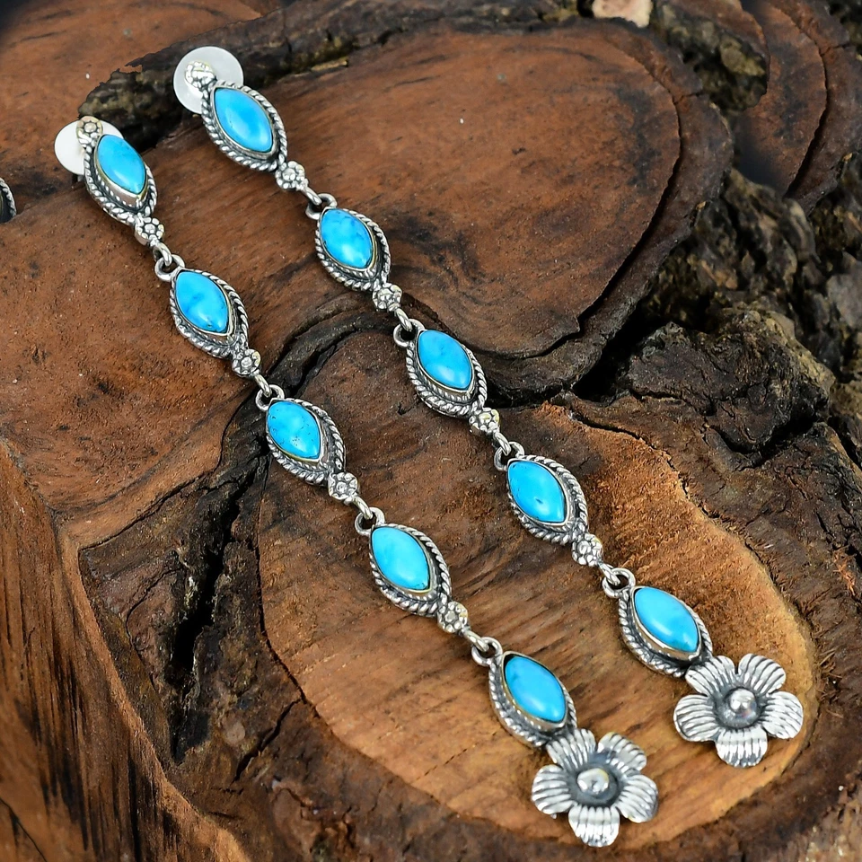 Aretes hechos a mano de plata esterlina con piedras preciosas turquesa de la Bella Durmiente de 4,50" Foto 4 de 4