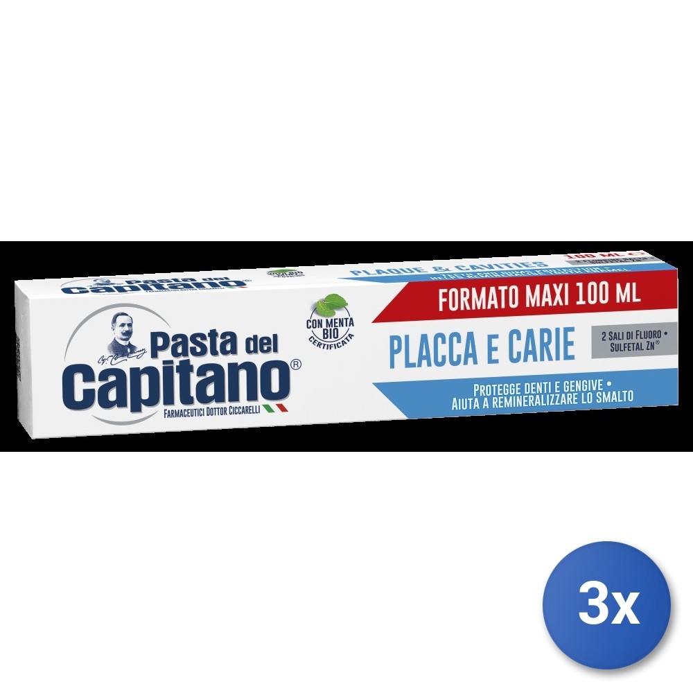 3X Captain Toothpaste 100 ML. Plaque And Cavities Blue Made In Italy