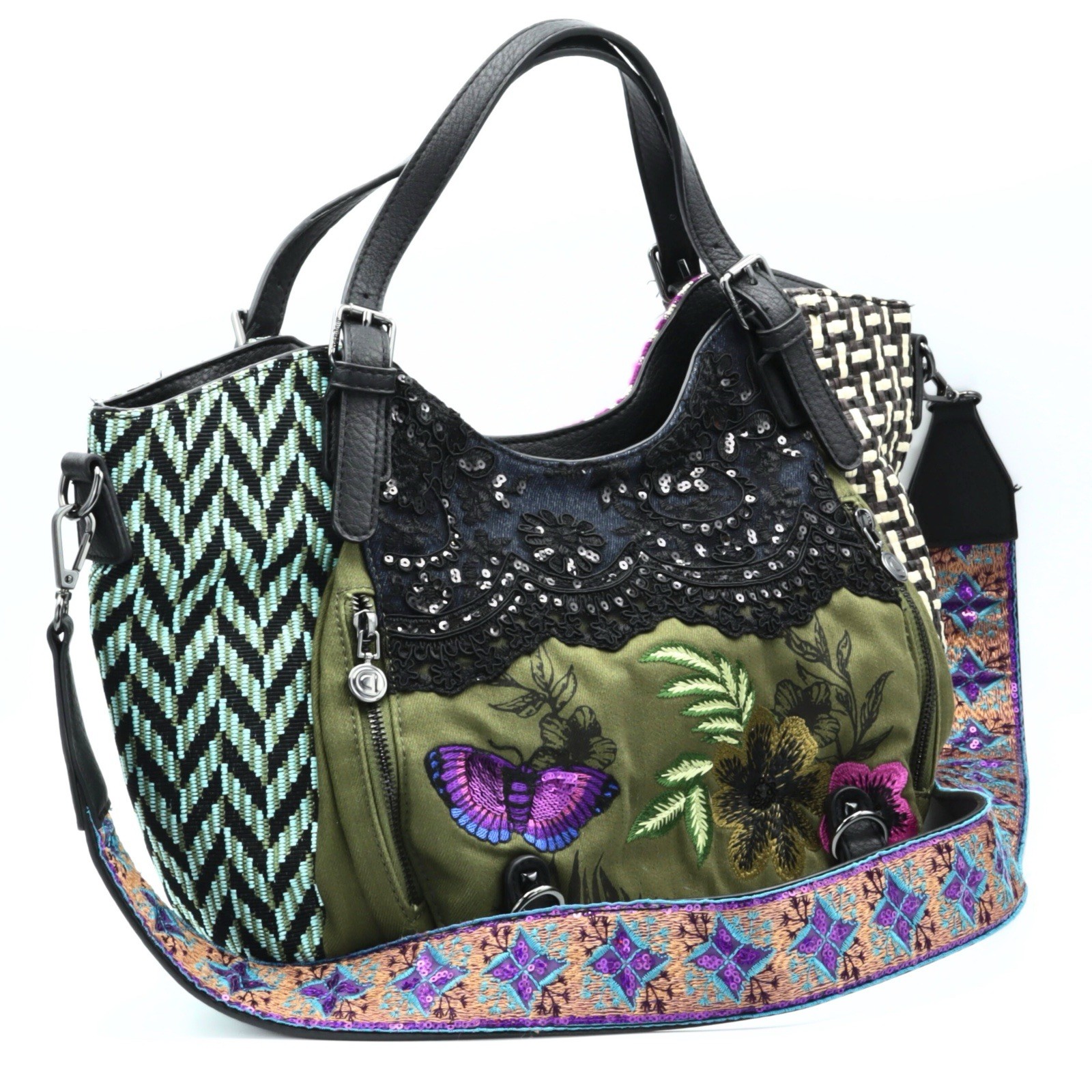 Desigual Large Patchwork Handbag Embroidered Text… - image 3
