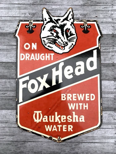 VINTAGE 12x7" FOX HEAD BEER GAS PUMP STATION PORCELAIN DIE-CUT MOTOR OIL SIGN