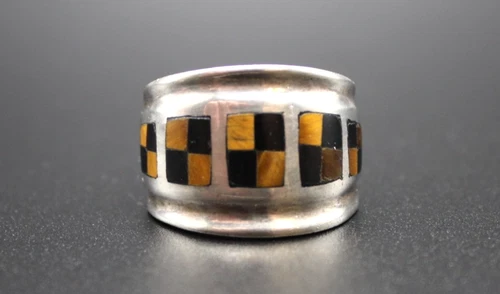 Vintage 925 Silver Tiger's Eye & Onyx Checkerboard Pattern Men's Ring Size 11.5