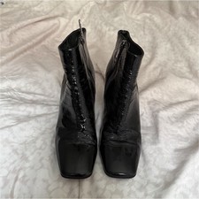 Prada Black Patent Leather Ankle Booties Square Toe Zip Women's Size 37.5