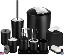 10Pcs Black Bathroom Accessories Set - Trash Can, Soap Dispenser, Toothbrush