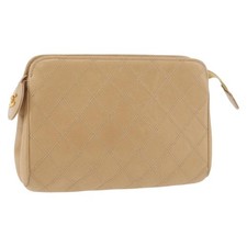 CHANEL Bicolore Pouch Lamb Skin Beige Gold CC Auth 177796