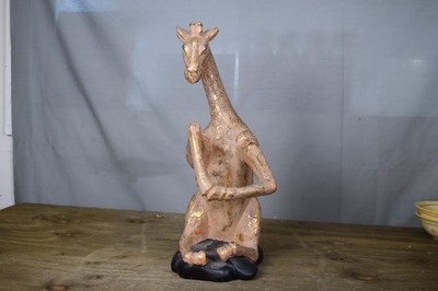 Giraffe Statue Figurine Sitting Sculpture Gold Accents Textured Animal Decor