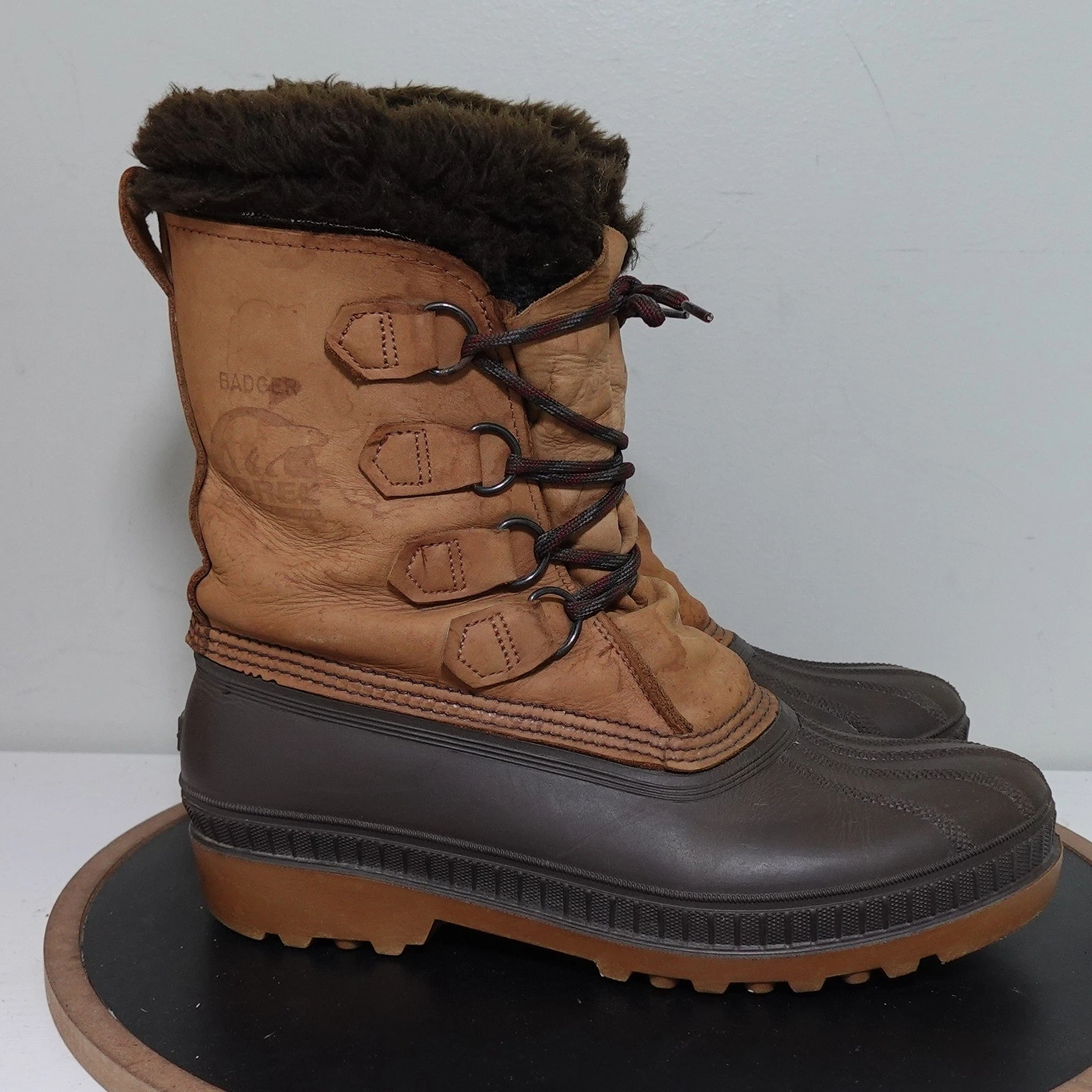 VTG Sorel Badger Boots Men 8 Brown Leather Rubber Waterproof Winter Snow Lined