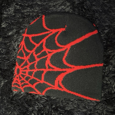 Black Red Spider Web Graphic Knit Beanie Hat, Men s One Size, Spider Theme