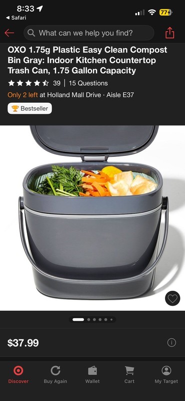 OXO Easy-Clean Compost Bin 1.75 Gallon Gray Kitchen Countertop - 13294600