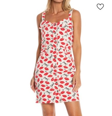 Juicy Couture Dress Womens M White Red Bodycon Kiss Print Mini Denim Mini