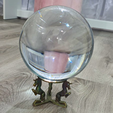 Clear Glass Crystal Ball Paperweight Sphere on Metal Stand 3-Figure Base