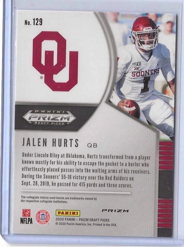 Jalen Hurts MINT ROOKIE PINK PULSAR REFRACTOR 2020 PANINI PRIZM DRAFT PICKS RC! - Picture 2 of 2