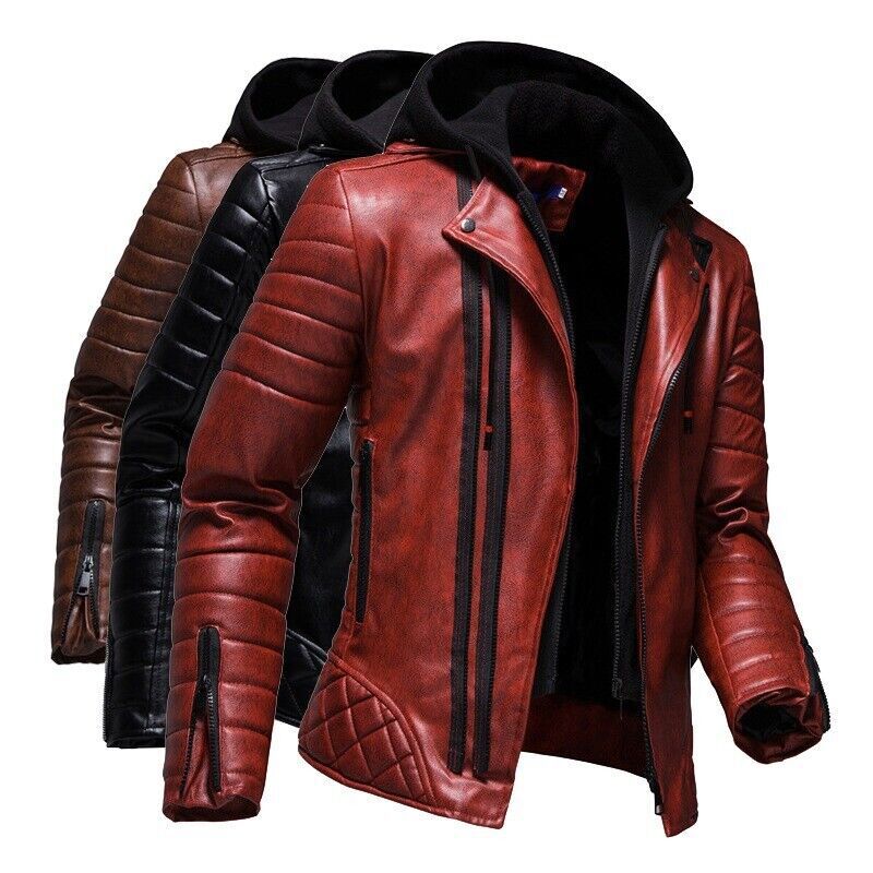 Men's PU Leather Hooded Biker Jacket Large Size Fashion Motorcycle Coat