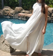 Maya Antonia White, Tie-On Neck/Loose Chiffon Maxi/Long Dress/Beach Wedding/Boho