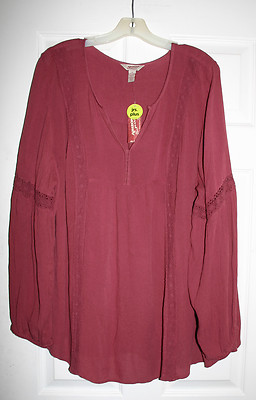Arizona Junior Plus 3X Rose Peasant Crinkle Knit TunicTop Bishop Sleeves NWT