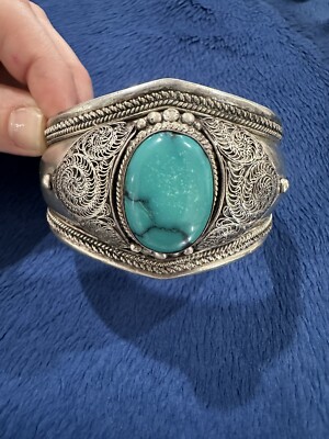 Vtg Sterling Silver Kathmandu Handcrafted Filigree Turquoise Cuff Bracelet, 6.5 