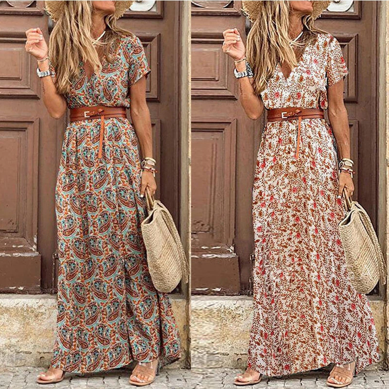 Casual Girls Summer Side Slit V Neck Belt Retro Floral Print Maxi Dress