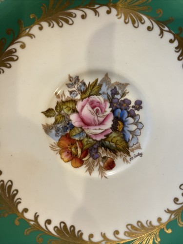 Vintage Aynsley Tea Cup & Saucer Green & Gold Signed By J.A. Bailey Roses - Picture 11 of 12