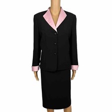 Jones Wear Polyester Skirt Suit Size 12 Black Pink Lined Shawl Collar 2PC