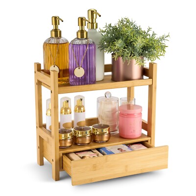 Sorbus Bamboo 2 Tier + Drawer Kitchen & Bathroom Countertop Storage Organizer