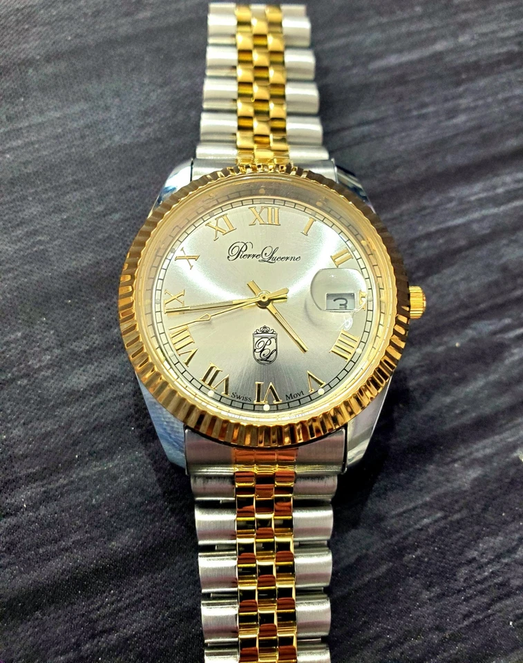 Auténtico reloj Pierre Lucerna suizo estriado Jubileo Presidente fecha solo para hombre nuevo en caja Foto 2 de 4