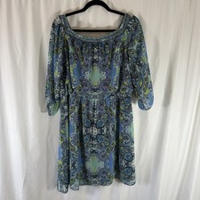 Eliza J Off The Shoulder Dress Women's 16 Blue Paisley 3/4 Slv Elastic Waist