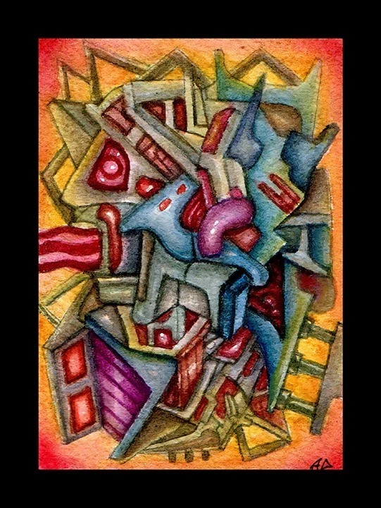 OBRA DE ARTE ORIGINAL ACEO Outsider Abstracto Surrealista Acuarela - "ENTRAILS DE VÉRTICE" Foto 2 de 4