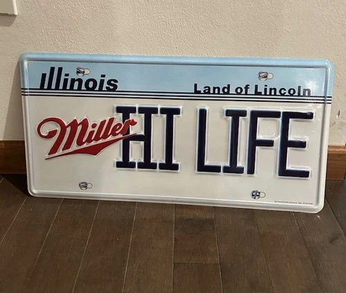Vintage 90's Miller High Life Beer Illinois Land of Lincoln License Plate Sign