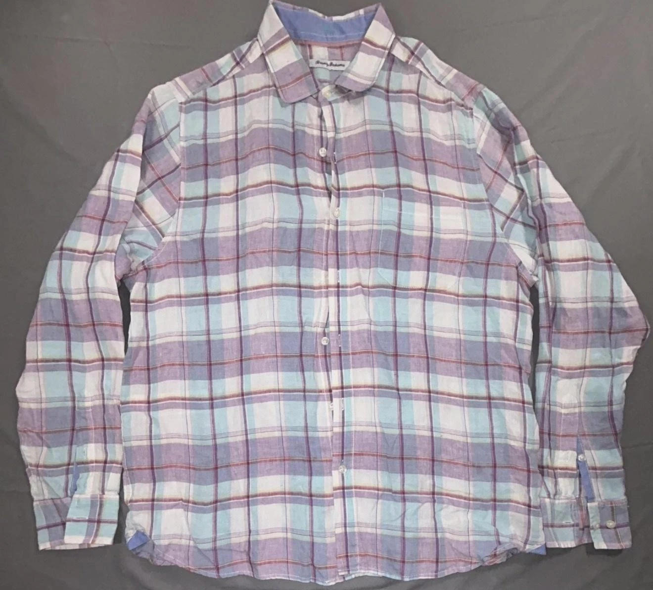 Tommy Bahama Shirt Mens L Multicolor Plaid Linen Long Sleeve Button Up Casual