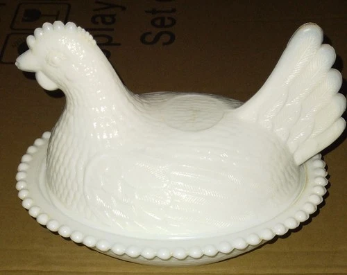 Indiana Milk Glass Hen on Nest Beaded Edge Covered Dish White Vintage *READ*