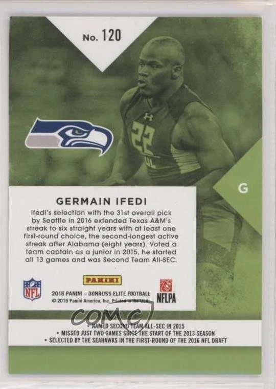2016 Donruss Elite Elite Rookies Green /99 Germain Ifedi #120 Rookie RC - Image 2 of 2