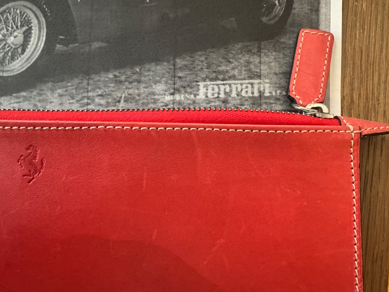 Ferrari Document Pouch Large Zip Pocket Storage Italy Made Red Leather