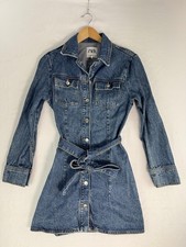 Zara Shirt Dress Womens Small Blue Denim Belted Long Sleeve Button Front Mini