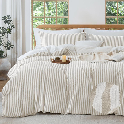 Light Khaki Jacquard Stripe Duvet Cover Set - 100% Cotton, 3 Pieces
