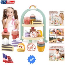 Wooden Cake Toys Tea Party Set, Desserts Food Toy with Cupcake Stand, Kids Pr...
