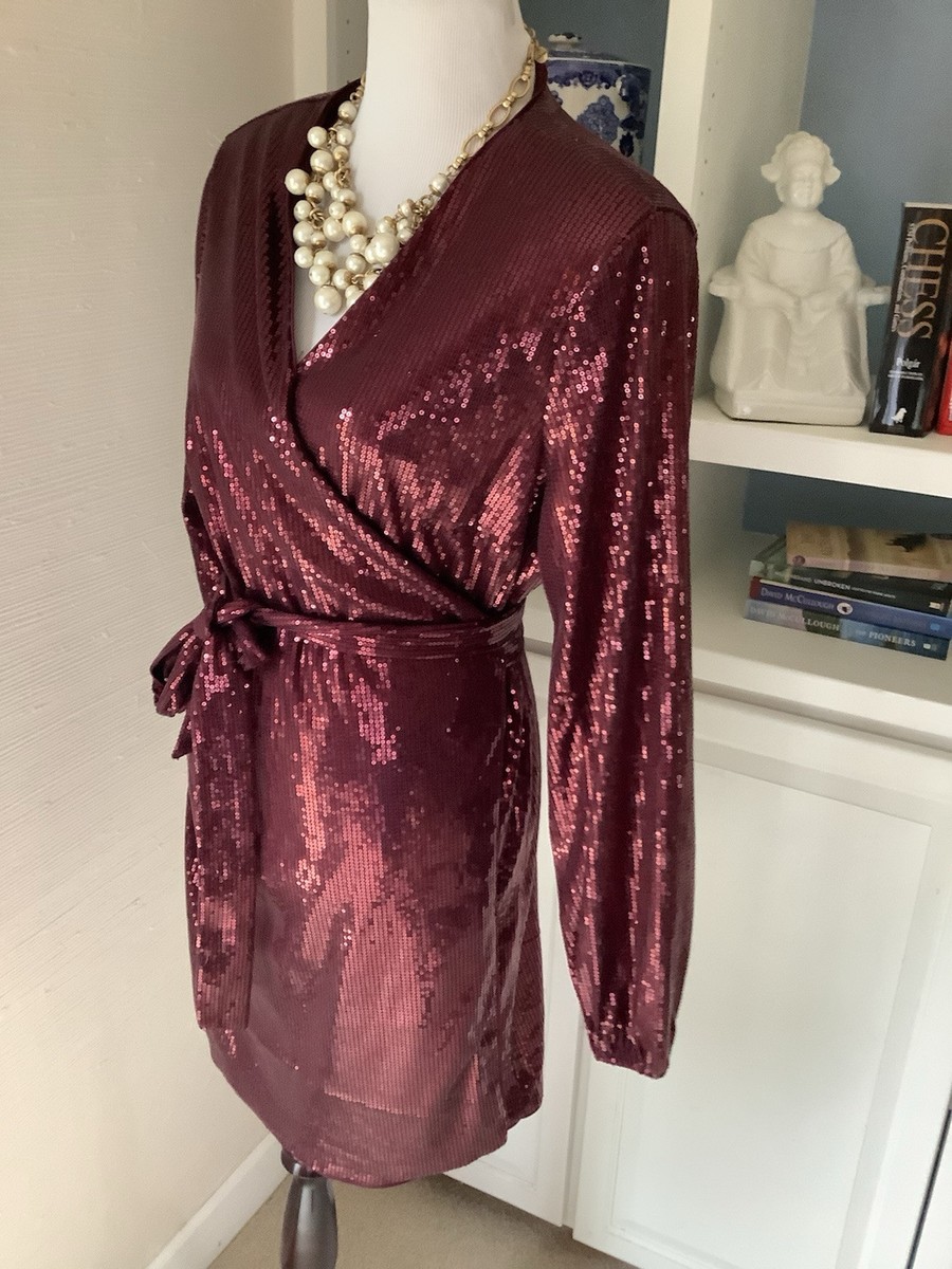 INC International Concepts Dress, Size XXL, Burgundy Sequins, Wrap, Long Sleeve
