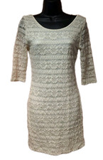 Love Culture Junior L Stretchy Cream Lace Short Dress Low Back Gold Threads 32"