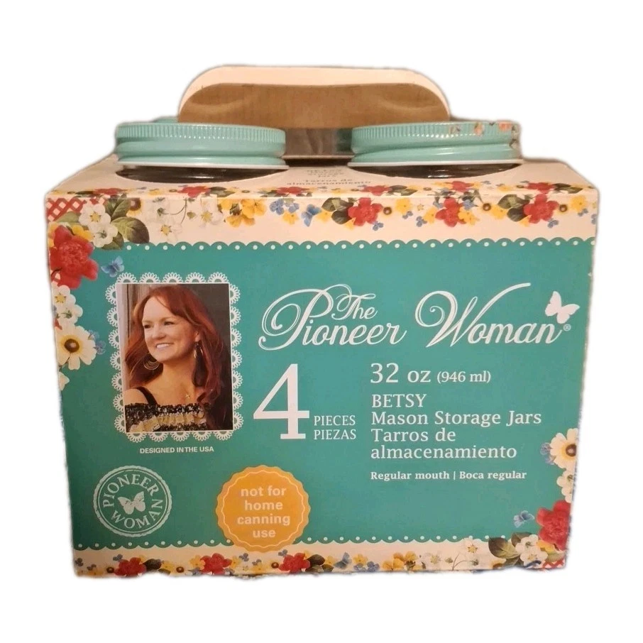 NIB The Pioneer Woman Set of 4 Betsy Mason Storage Jars 32oz Lt Teal Floral Lids