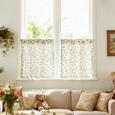 Country Wildflower Cafe Curtains, 2 Panels Semi-Sheer Flower Print Window Tre...
