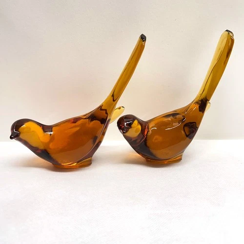 VTG Fenton Honey Amber Art Glass Long Tail Birds Set of 2 Sparrows Figurines EC