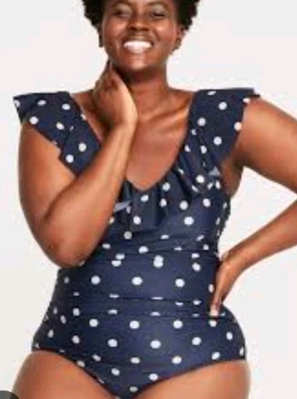 Traje de baño de una pieza a lunares azul marino antiguo para mujer más 2x volantes adelgazantes  Foto 2 de 4