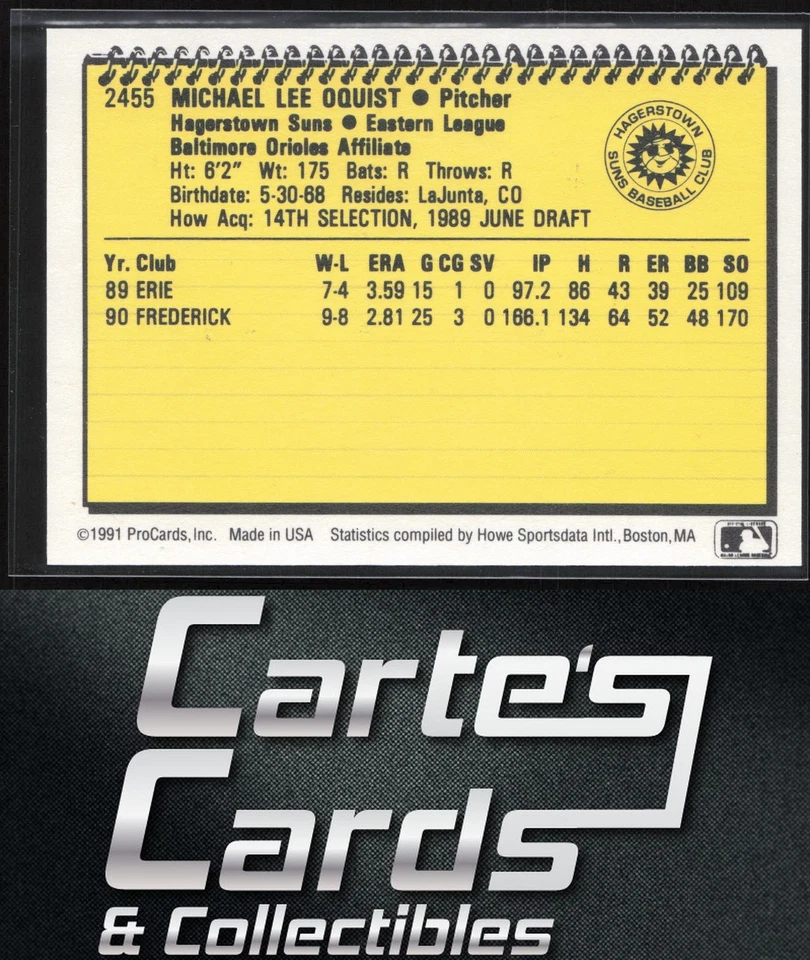 Mike Oquist 1991 ProCards #2455 Hagerstown Suns - Image 2 of 2