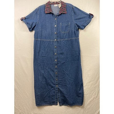 White Stag Denim Maxi Dress Women 18W/20W Blue Plaid Collar Button Up Short Slv