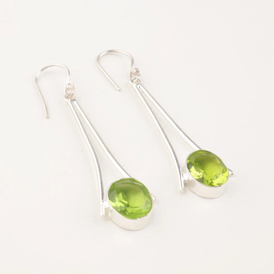 Natural Peridot Gemstone 925 Sterling Silver Handmade Drop/Dangle Earrings 2.63" - Image 3 of 4