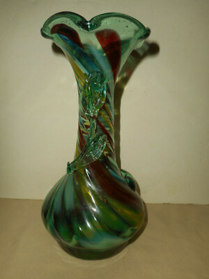 Hand Blown Studio Glass Vase Translucent Green Candy Cane Swirl Applied Rose