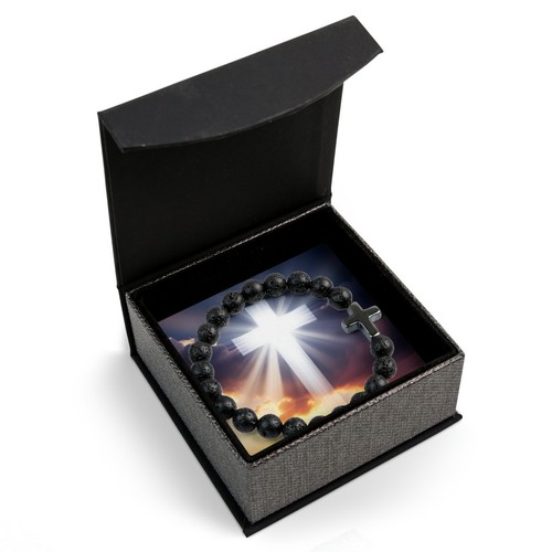 Volcanic Stone Cross Bracelet with LED, Magnetic or Brown Leather Gift Box - Picture 3 of 18